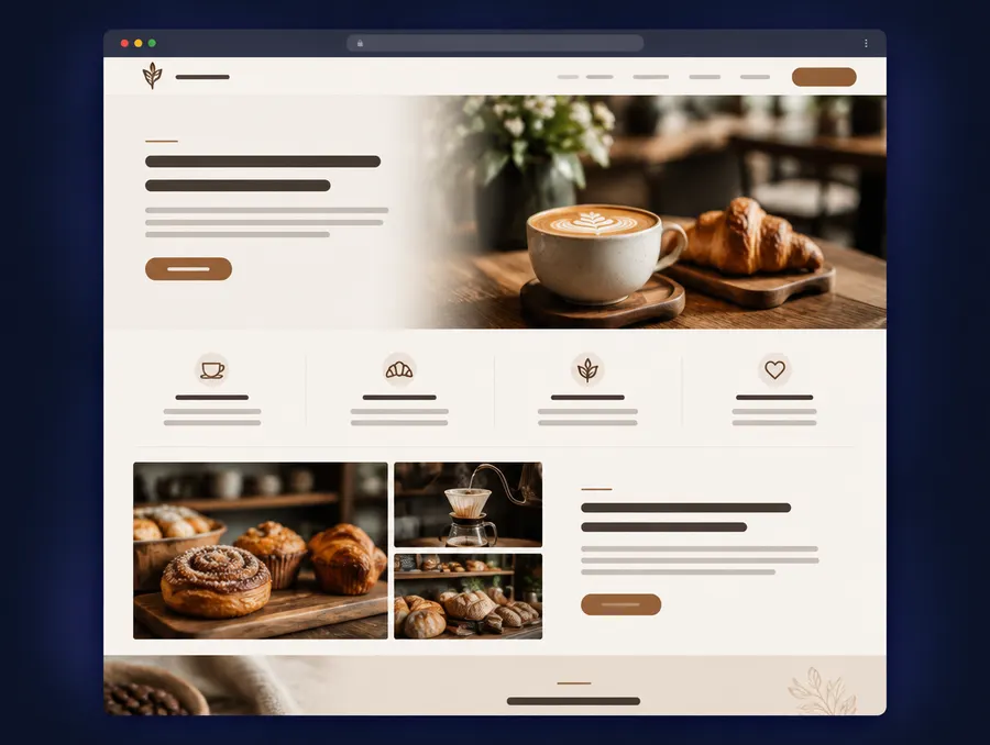 Sitio web de una cafetería con fotos de café y pastelería en tonos cálidos