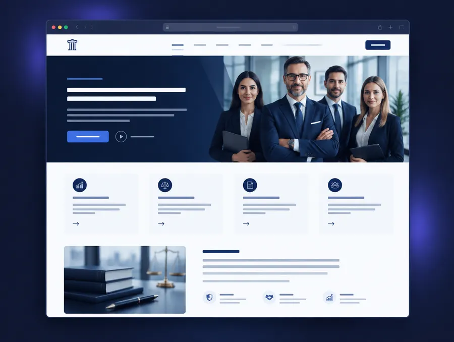 Sitio web de un estudio contable y legal en azul profundo con foto del equipo