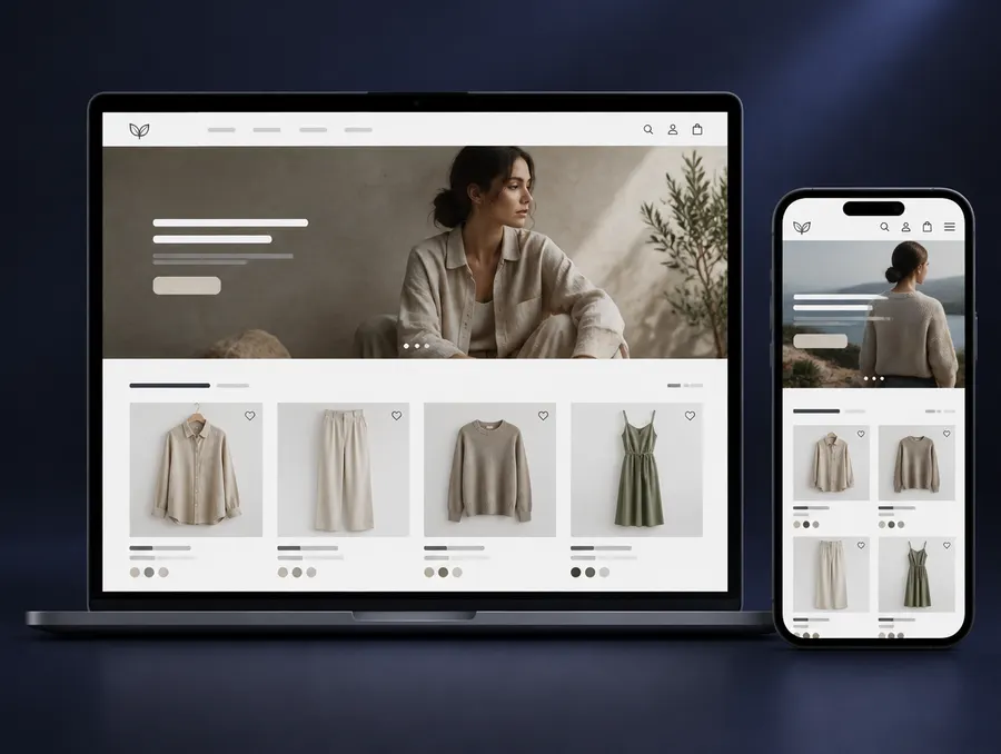 Tienda online de ropa en notebook y celular, con catálogo de prendas en tonos neutros